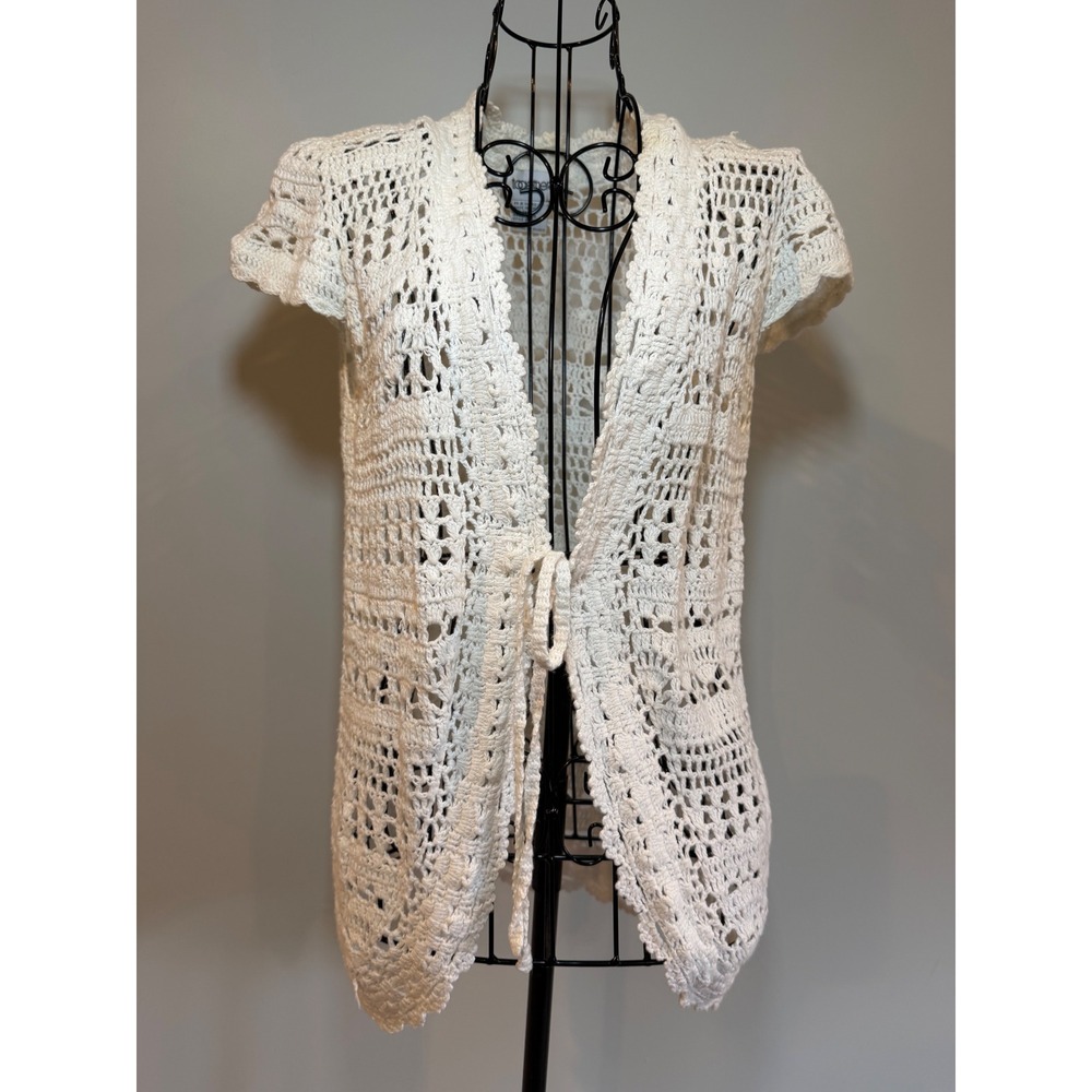Together Crochet‎ Knit Cardigan Vest Cream Short Sleeve Tie Front Boho  S